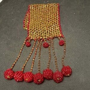 Vintage Handcrafted Beaded Red and Gold Fringe Bracelet